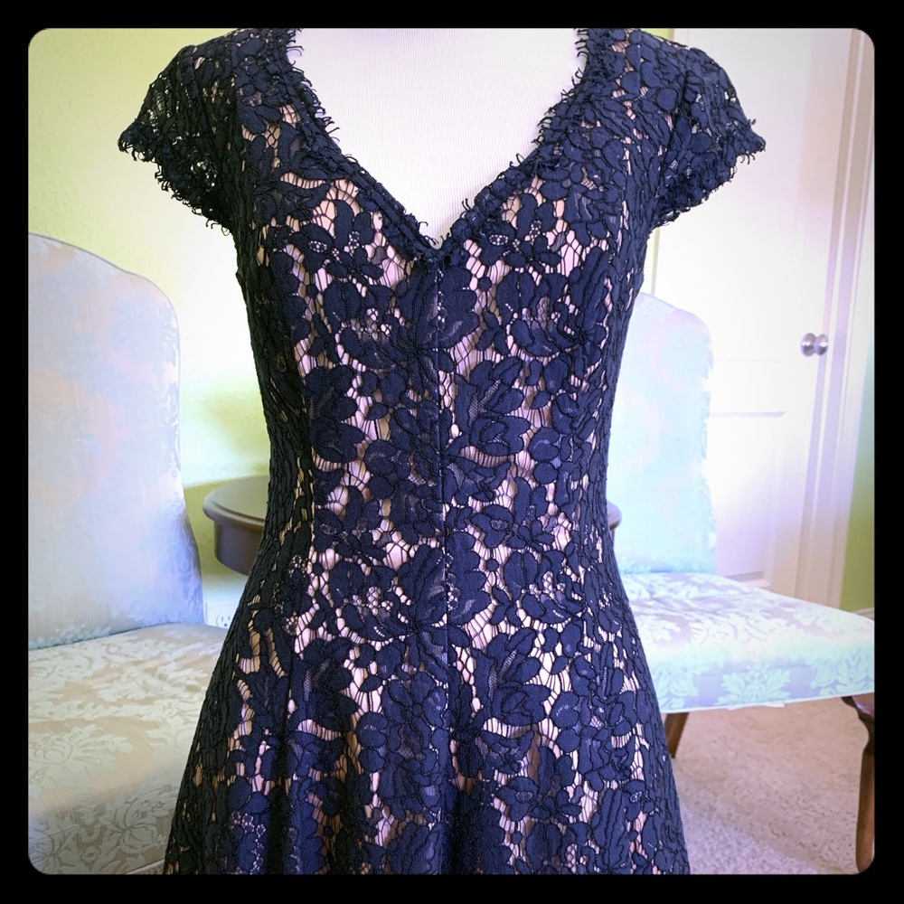 Navy Cap Sleeve Lace Dress